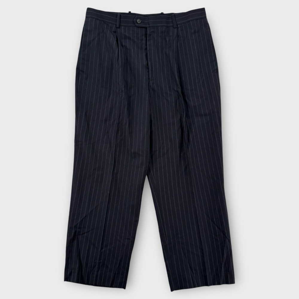 Tasso Elba Dress Pants Mens S34 Blue Pinstripe Wool Pleated Front Short 26"